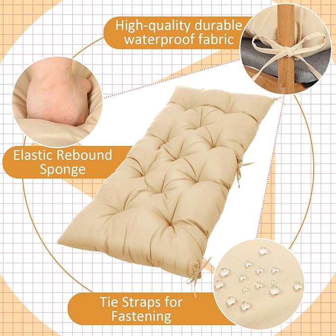 Wenqik Outdoor Bench Cushion 48 x 20 x 3 Inch Waterproof Patio Swing Cushion with Removable Zippered Cover Adjustable Ties Seat Pad for Porch Bench Garden Loveseat (Beige, Classic)