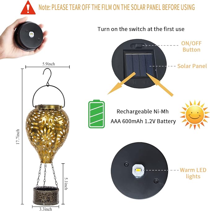 Hot Air Balloon Solar Lantern,Hanging Lantern Outdoor Waterproof Decorative Metal LED Solar Lights for Trees Patio Garden Yard Porch Decor, Gold