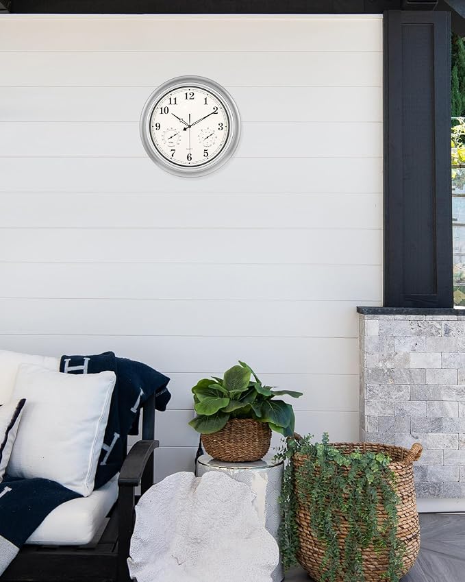 18 Inch Waterproof Outdoor Clock with Temperature and Humidity Combo - Battery Operated Wall Clock,Silent Large Easy to Read Outdoor Wall Clocks for Garage,Workshop,Cabin,Bathroom,Gazebo - Silver