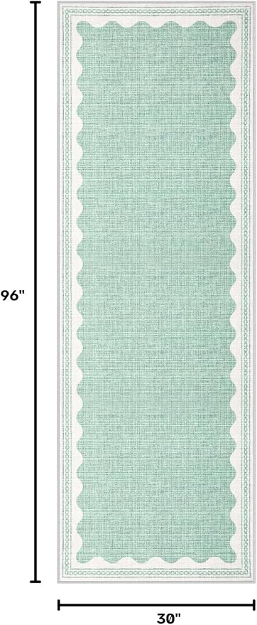 2.5x8 Scalloped Runners Green Washable Hallways Bedroom Rug | Solid Non Slip Scalloped Bath Runner, Rugs for Bedroom Girls, Rugs for Kitchen Floor Soft Dorm Nursery Carpet for Bedside