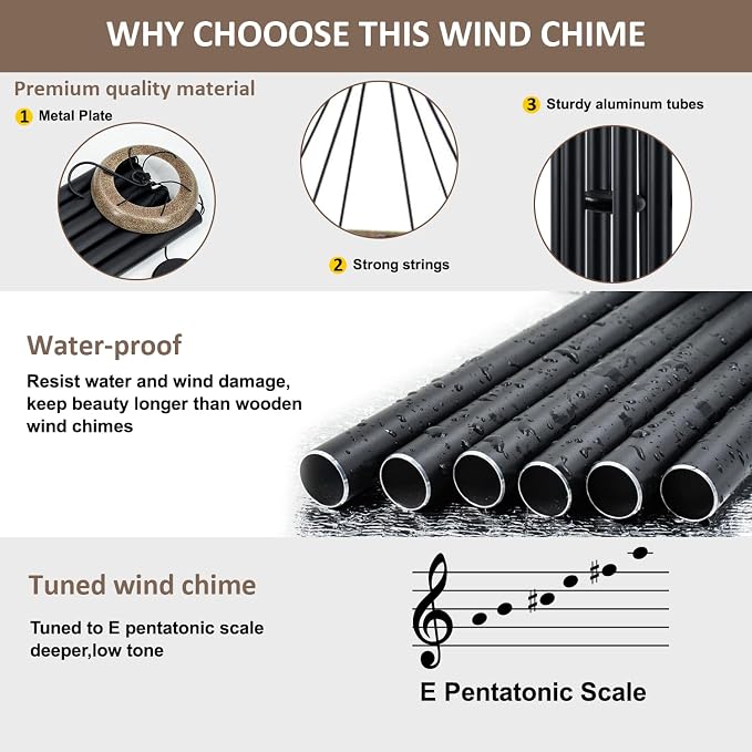 Wind Chimes Outside Deep Tone, 45 in WindChimes Large with 6 Heavy Tubes, Large Deep Tone Wind Chime Outdoor for Garden Hanging Décor,Sympathy Gifts, Black