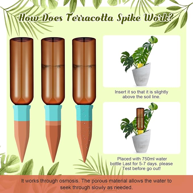 SiliFine 6 Sets Plant Watering Devices Include Terracotta Self Watering Spikes and 26 oz Plastic Bottles, Slow Release Vacation Insert Automatic Plant Waterer Device (Brown and Mixed Color)