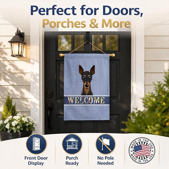 Caroline's Treasures BB1426CHF Min Pin Welcome House Flag, Blue Large Porch Sleeve Pole Decorative Outside Yard Banner Artwork Wall Hanging, Polyester, House Size, Multicolor