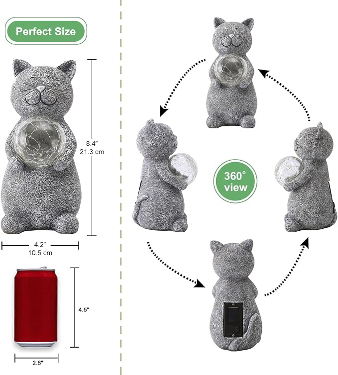 Solar Garden Cat Statue - Cat Garden Decor for Yard Patio | Cats Decoration for Garden Lawn Balcony - Gifts for Mom Grandma