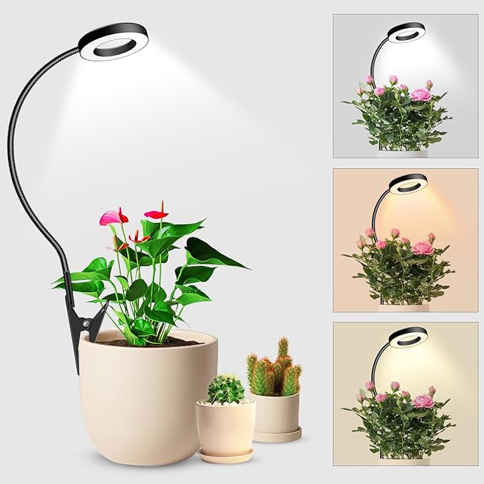 wolezek 2 in 1 Grow Lights for Indoor Plants, 3 Colors Plant Lights for Indoor Growing with 360° Gooseneck, 48 LEDs Full Spectrum Plant Grow Lights Indoor, 6/12/16H Timer, 5 Brightness, Black 1 Pack