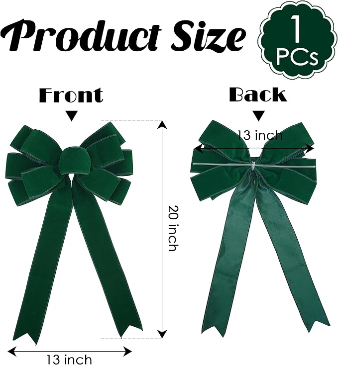 13" Green Pre-Tied Bow for Christmas Tree, Dark Green Velvet Ribbon Bow for Wreaths, Tree Toppers, Premade Gift Bows for Party Favor, Christmas Home Indoor Outdoor Decor-1 Counts