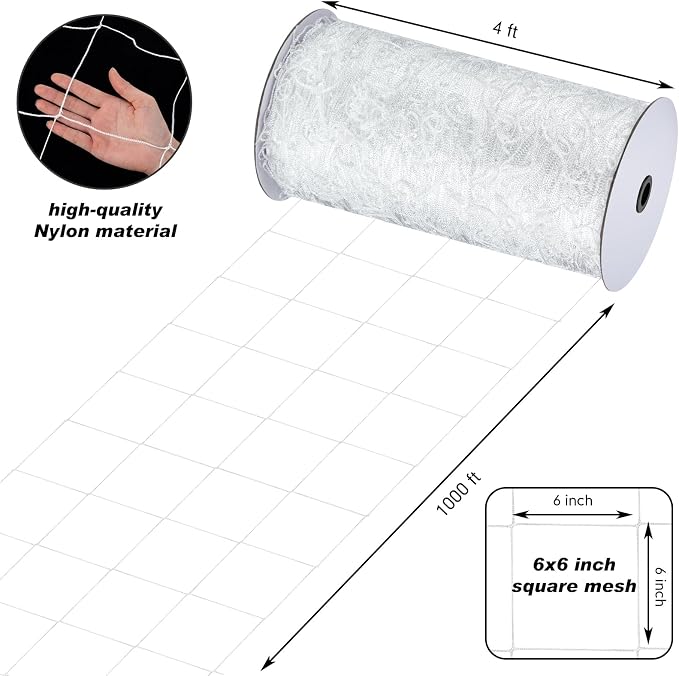 Berlune 4 x 1000 ft Trellis Netting Roll Heavy Duty Nylon Garden Trellis Netting with 6 Inch Mesh Soft Plant Support Net for Climbing Plants, Grape Racks, Growing Support Bean, Pea, Tomatoes