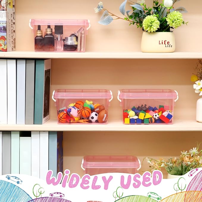 Wenqik 6 Pack Colorful Plastic Storage Bins with Lids 4 Quart Small Storage Latch Box Stackable and Nestable Clear Organizer Bins with Latching Handle and Buckle for Organizing(Pink)