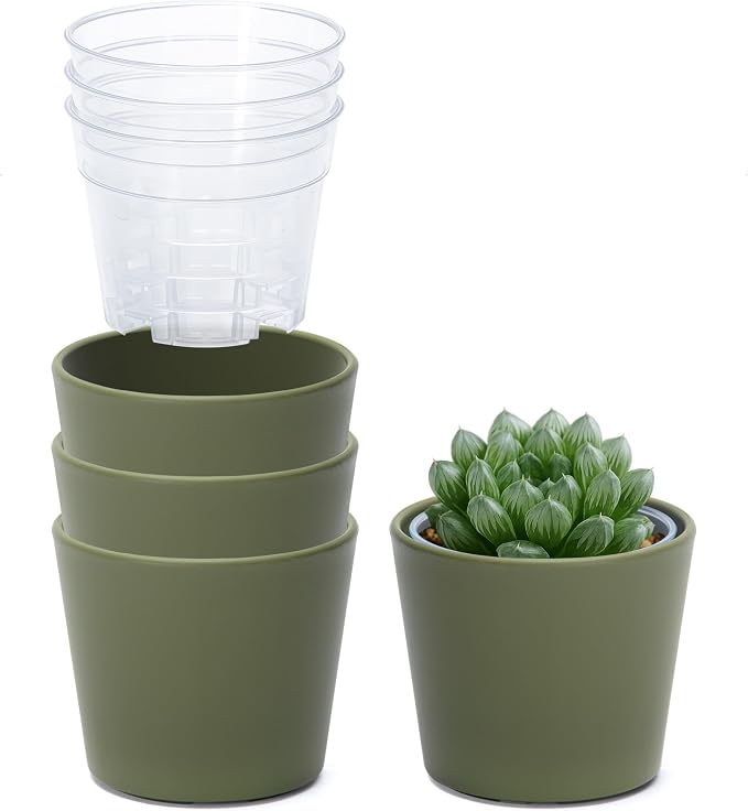 Phoenix Vine 3.5 Inch Olive Plastic Cachepot with Clear Nursery Pot, Decorative Lightweight Planter Cover with Transparent Inner Pot for Indoor Houseplants, Pack of 4, 24-A-F-4