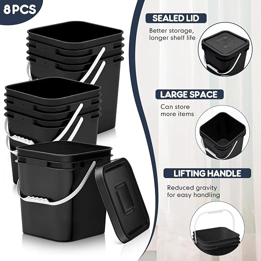 Mumufy 8 Pcs 3.5 Gallon Square Food Grade Bucket with Lid Square Bucket Pail Plastic Handles for Long Term Food Storage, Camping, Fishing, Home Organization Easy Stack and Store (Black)