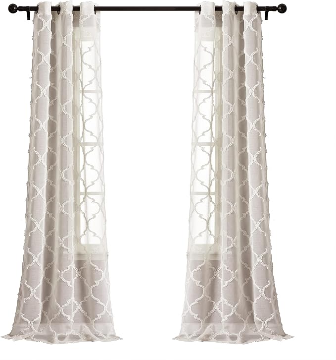 Lush Decor Avon Trellis Grommet Sheer Window Curtain Panels Pair 38" W x 95" L Beige - Sheer Curtains for Living Room - Modern Farmhouse Bedroom Curtains