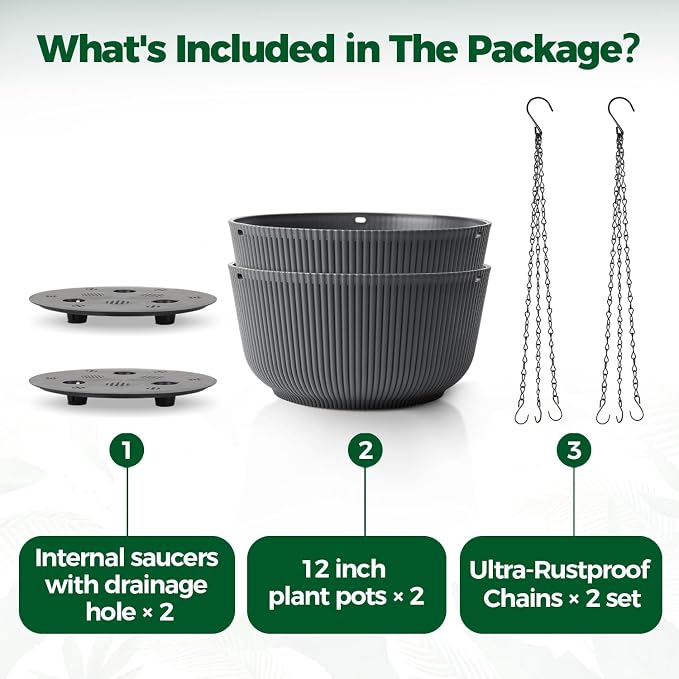 T4U 12 Inch Large Hanging Planters for Outdoor Plants, 2 Pack Self Watering Pots Indoor, Hanging Baskets for Plants,Hanging Flower Pot with Drainage Hole and Plant Hanger, Grey