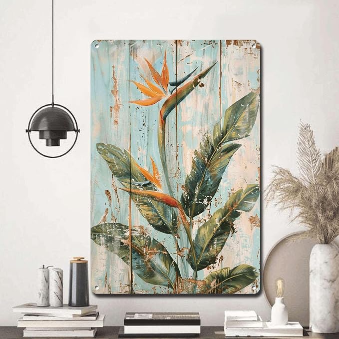 Metal Sign Tin Sign Vintage Wall Art Exotic Bird of Paradise Tin Sign for Rustic Paintings Vintage Charm and Vibrant Leaf Displays Tin Sign Paper for Pub 8×12 Inches