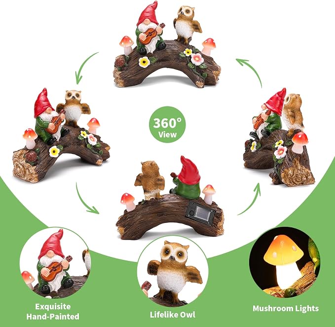 Solar Garden Statues Owl Gnomes Outdoor Decor Resin Owl Figurine with Mushroom Lights for Patio Lawn Yard Decorations Christmas Birthday Housewarming Gardening Gifts for Women Mom