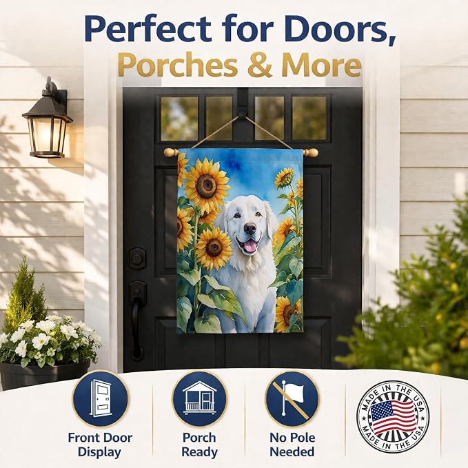 Caroline's Treasures DAC6108CHF Kuvasz in Sunflowers House Flag Large Porch Sleeve Pole Decorative Outside Yard Banner Artwork Wall Hanging, Polyester, House Size, Multicolor