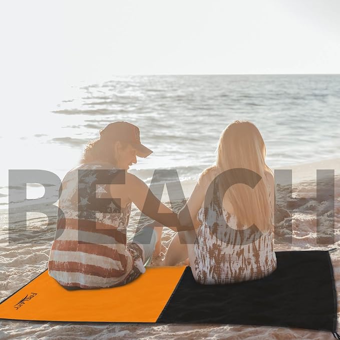 Frelaxy Pocket Picnic Blanket, Waterproof Sandproof Beach Mat, Compact Camping Tarp for Festivals, Hiking, Travel, Outdoor Recreation (Orange, 57'' x 60'')
