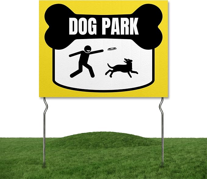 Dog Park Yard Sign by DC | 24"x18" Double Sided Pets Garden Sign with 13” Metal Stakes | Outdoor Signs Waterproof for Lawn, Patio, Sidewalk & House | Set of 5 | Made in USA