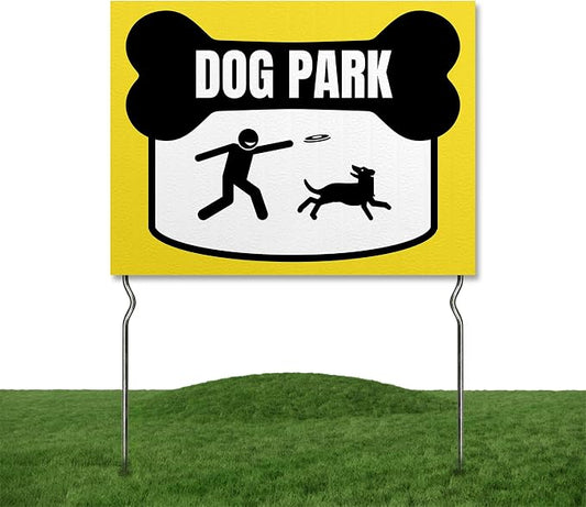 Dog Park Yard Sign by DC | 24"x18" Double Sided Pets Garden Sign with 13” Metal Stakes | Outdoor Signs Waterproof for Lawn, Patio, Sidewalk & House | Set of 2 | Made in USA