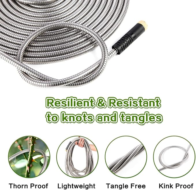 Flexible Metal Garden Hose 100ft-Heavy Duty Water Hose with Durable 304 Stainless Steel and 10 Way Spray Nozzle-Strong 3/4'' Solid Brass Fitting-Outdoor Yard No Kink Lightweight Long Hose Pipe