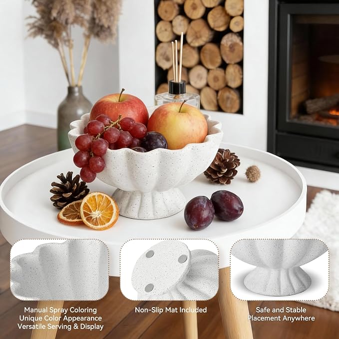 Pedestal Decorative Bowl Home Decor - 7.9" Morden Resin Handmade Decorative Fruit Bowl for Kitchen Counter, Chic Ruffle Bowl Centerpiece Decor for Dining Table Coffee Table (Spotted White)