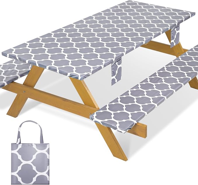 Fitted Waterproof Picnic Table Cover with Bench Covers Elastic Polyester 96In Camping Tablecloths for 8Foot Rectangle Tables Summer Fall Glamping Roadtrip Stuff Festival Vacation Items Gift