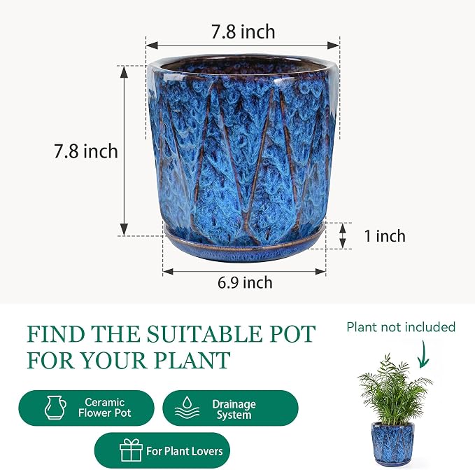 7.8 Inch Ceramic Plant Pot with Drainage Hole Mesh Net, Large Flower Pots for Indoor Plants with Saucer, Gardening Pots Outdoor, Blue