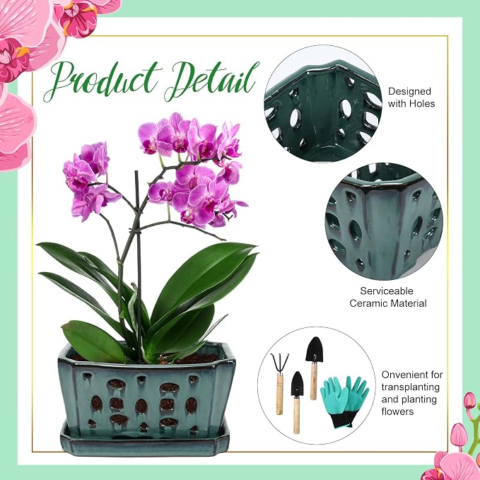 Teenyyou 1 Set Orchid Pot with Holes 9.5 Inch Ceramic Orchid Pot with Saucers for Repotting Amaryllis Flower Planter Include Gardening Shovel Set and Gloves for Home Decor(Green)