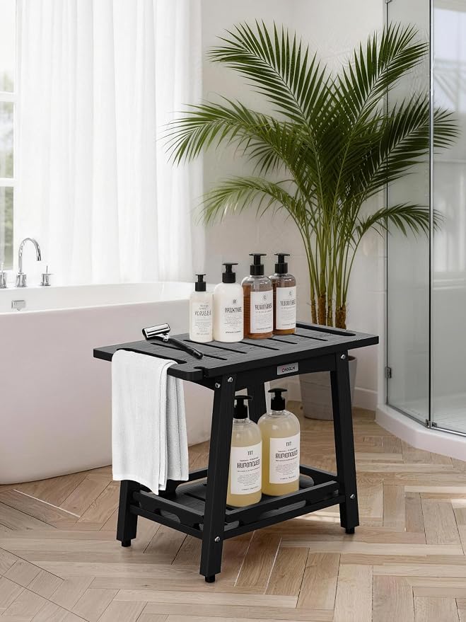 22" Large Shower Bench Seat, Non-Slip Shower Benches for Inside Shower to Sit on, HDPE Waterproof Shower Stool, Shower Chair with Adjustable Feet for Bathroom, Indoor/Outdoor Use, Black