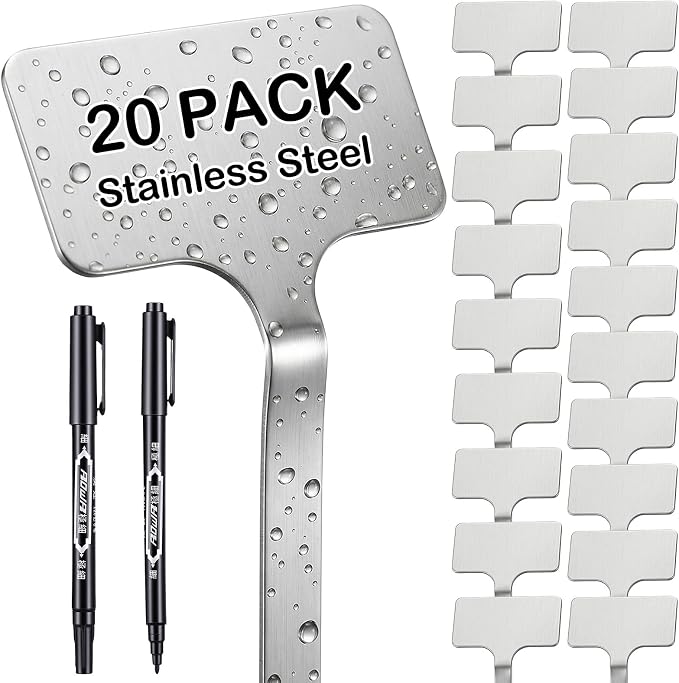 Stainless Steel Plant Labels Set, 20 Pack Waterproof Metal Garden Markers with 2 Pens, 13-Inch Rust-Proof Tags for Vegetables Flowers Indoor Outdoor Use