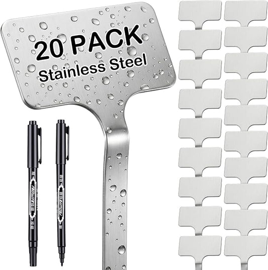 Stainless Steel Plant Labels Set, 20 Pack Waterproof Metal Garden Markers with 2 Pens, 13-Inch Rust-Proof Tags for Vegetables Flowers Indoor Outdoor Use
