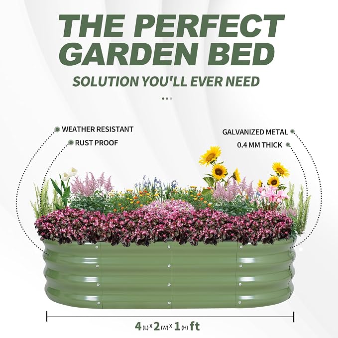Galvanized Raised Garden Bed- Planter Garden Boxes Outdoor, Raised Beds for Gardening, 4x2x1ft Metal Garden Bed Kit for Vegetables Flower, Planter Raised Bed with Protective Tape & Tools.Green-4pack