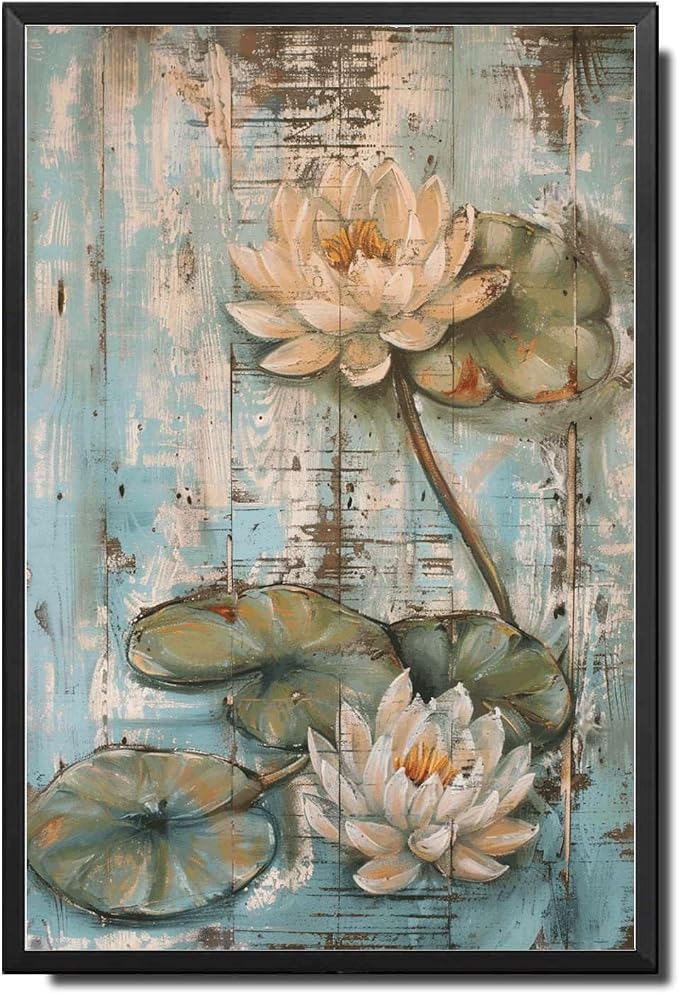 Metal Sign Tin Sign Vintage Wall Art Shabby Chic Water Lilies Tin Sign for Antique Pond Serenity Rustic Wall Art and Distressed Wood P Tin Signs for Women for Club 6×8 Inches with Metal Frame