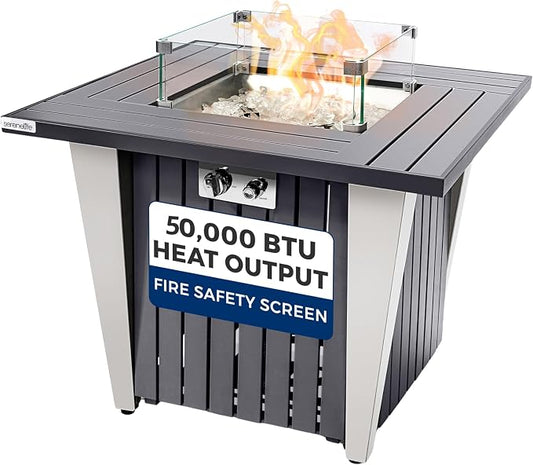 SereneLife Propane Fire Pit Table with Sturdy Metal, Gas Pits with 50,000 BTU and Stainless Steel Fire Pan, Includes Decorative Glass Rocks, Weather Cover, CSA Certified for Outdoor Fireplaces