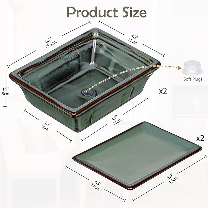 Ceramic Bonsai Pots with Drainage Tray Set of 2, 6 Inch Green Glazed Bonsai Planters for Indoor/Outdoor Use, Shallow Rectangular Bonzai Tree Pots for Succulent, Orchids, Cacti, Home, Patio, Garden
