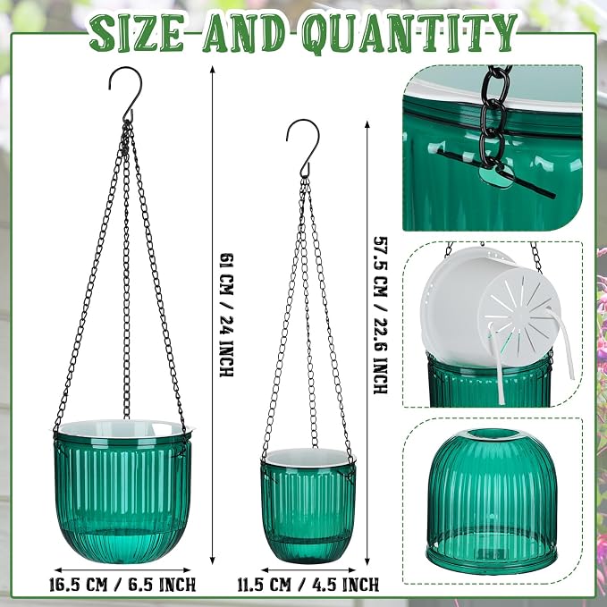 Maxcheck 2 Pcs Self Watering Hanging Planters Indoor Gift 6.5'' 4.5'' Hanging Flower Pots Baskets Outdoor Emerald Self Watering Plant with 2 Hooks Drainage Holes for Home
