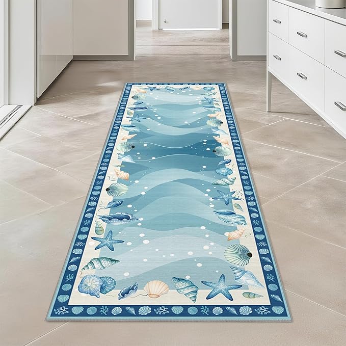 Coastal Area Rug 2x6 for Living Room, Nautical Beach Ocean Modern Print Area Rug, Blue Non-Slip Low-Pile Machine Washable Indoor Floor Carpet for Dining Room Bedroom Office
