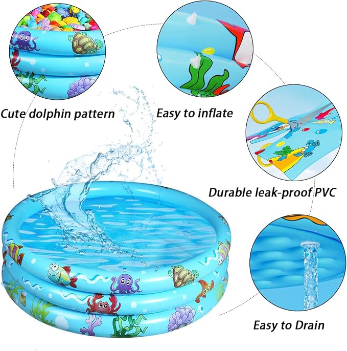 Inflatable Baby Kiddie Pools, 3 Rings Round Swimming Pool, Toddler Fun Water Swim Beach Floaties Toys, Kids Fishing Pond Ball Pit Pool, Small Infant Pool (Blue, 47 inch)
