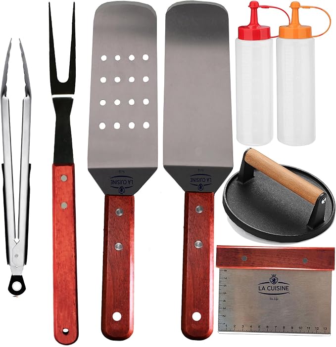 La Cuisine 8 PCs Flat-Top Griddle BBQ Accessories Kit including solid & perforated Spatulas, Fork, Tong, Cast Iron Meat Press, Condiment Squeeze Bottles for Grilling Hibachi and Teppanyaki Cooking