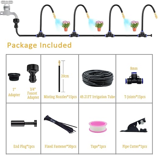 360°Bendable Automatic Irrigation System, 50Ft Adjustable Garden Watering Misting System for Outdoor Cooling System, Trampoline, Greenhouse, Lawn, Plant, Water Mister Nozzles Thread Sprayer 0.043"