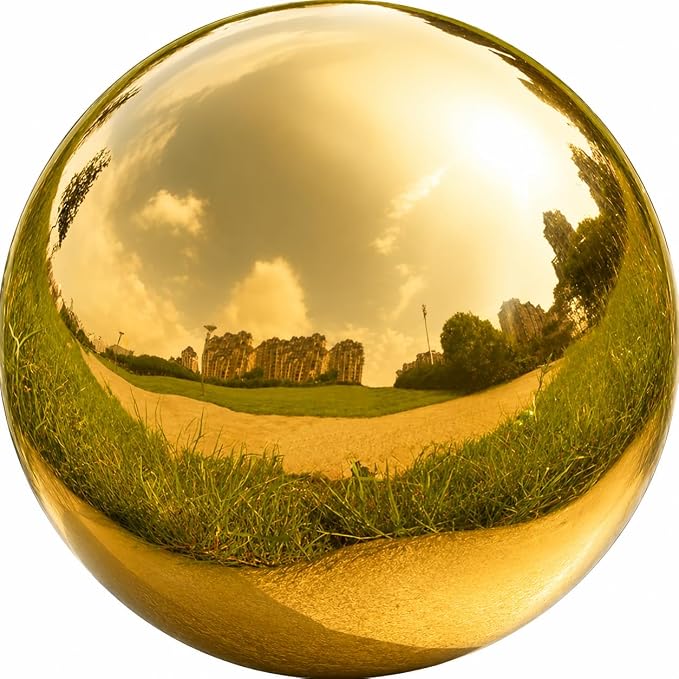 Gazing Ball Garden Mirror Outdoor - 10 Inch Outside Decorative Globe, Gold | Metal Polished Reflective Sphere, Stainless Steel Hollow Decoration Ornament for Home Pond Swimming Pool Housewarming Gift