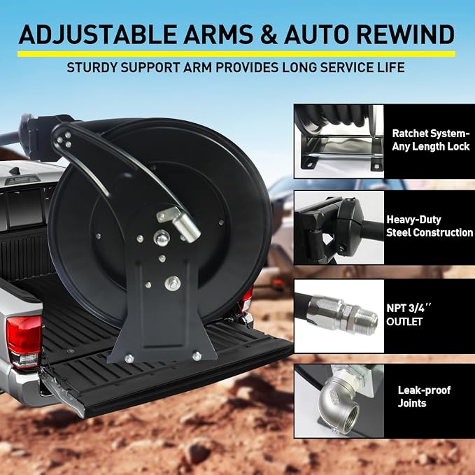 Fuel Hose Reel Retractable 3/4''X33ft w/Fuel Nozzle,Fuel Hose Swivel,Diesel Reel, Auto Spring Driven Hose Reel,300 PSI Industrial,Steel Construction Reel, NBR Rubber Hose