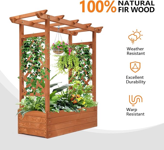 VINGLI Raised Garden Bed with Trellis & Hanging Roof, Wooden Planter Box with Drainage Holes for Outdoor Climbing Plants Vegetables Flowers, Patio Yard Balcony (Teak, Medium)