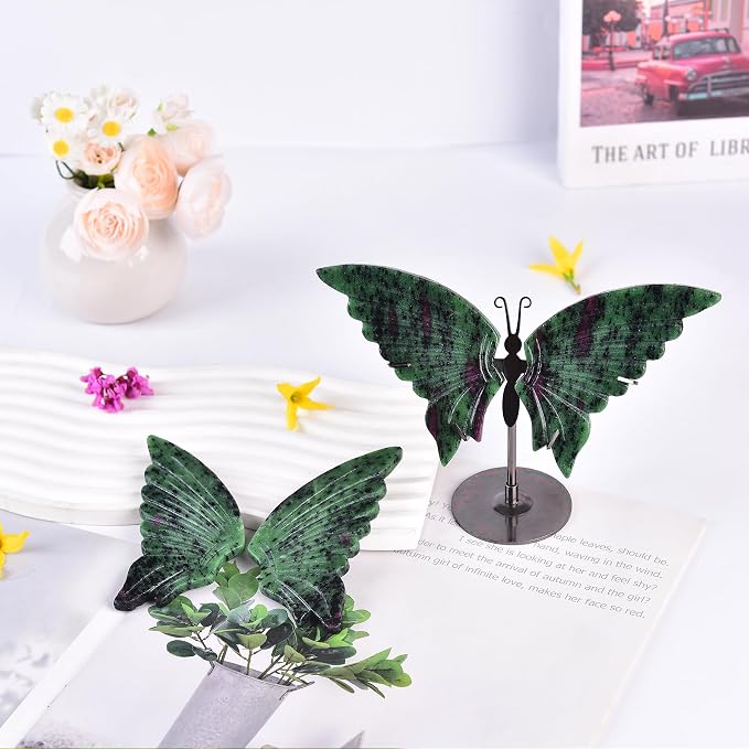 JIC Gem Natural Ruby Zoisite Quartz Crystals Butterfly Figurine Decorative Rocks Stones Healing Crystal Carved Angel Wings with Display Decor Reiki Gifts (1pair, 10cm)