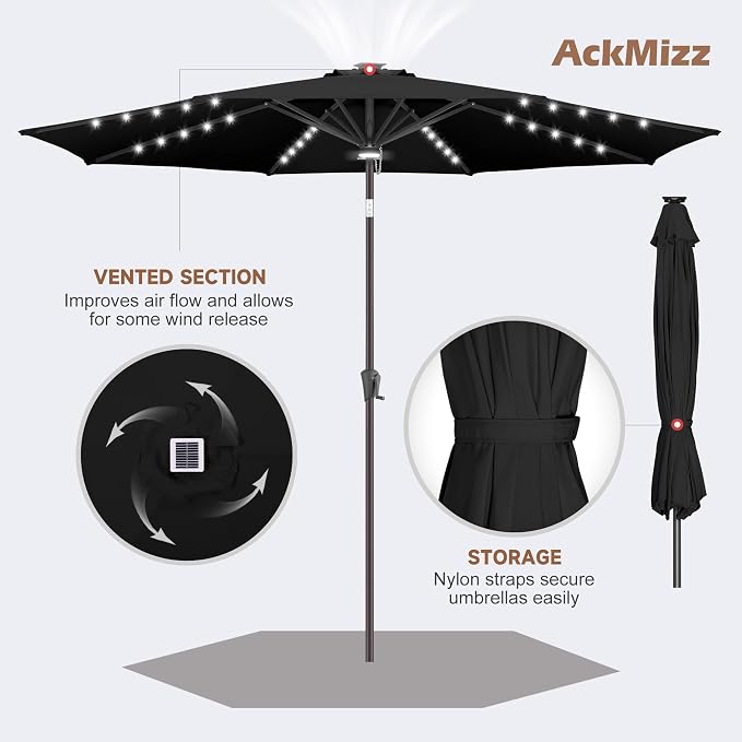 10FT Solar Umbrella Outdoor - Lighted Solar Patio Umbrella with 40 LED Lights Waterproof UV Protection, Table Umbrella with Tilt for Pool, Porch, Garden, Deck, Backyard (Black)