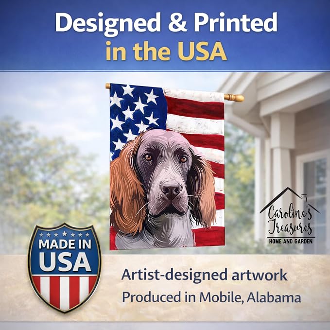 Caroline's Treasures CK6537CHF German Spaniel Dog American Flag House Flag Large Porch Sleeve Pole Decorative Outside Yard Banner Artwork Wall Hanging, Polyester, House Size, Multicolor