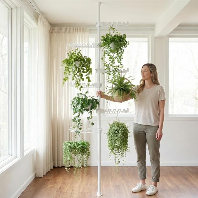 Tension Rod Plant Stand, Plant Poles for Hanging Plants Indoor, Metal Floor to Ceiling Hanging Plants Stand, Tension Pole Plant Stand with 6 Hooks (Fit 3.6-10ft), White