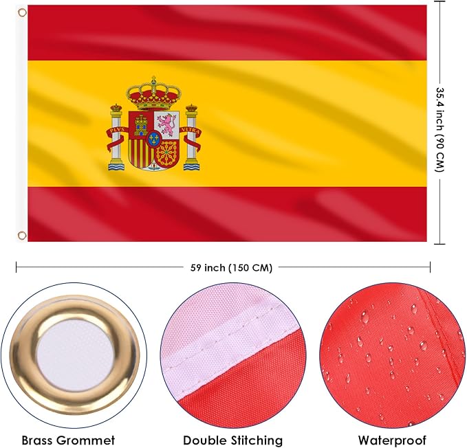 AhfuLife National Flag 3x5 Ft, Large National Flags for Outside - Double Side with Brass Eyelets for Soccer Games National Day Party Bar Garden Decoration Indoor Outdoor（Spain ,1Pcs）