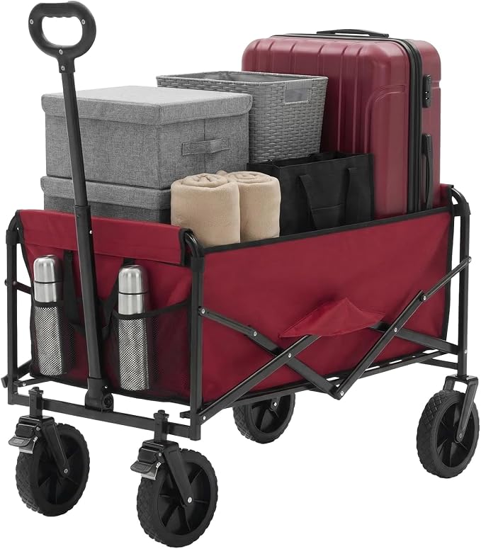 OLIXIS Collapsible Wagon 102L Standard Heavy Duty Utility Folding Wagon Cart with Lockable Brake Wheels – 330 lbs Weight Capacity, Flexible Handle for Beach, Grocery, Camping, Sports & Garden, Red