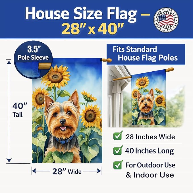 Caroline's Treasures DAC6165CHF Silky Terrier in Sunflowers House Flag Large Porch Sleeve Pole Decorative Outside Yard Banner Artwork Wall Hanging, Polyester, House Size, Multicolor