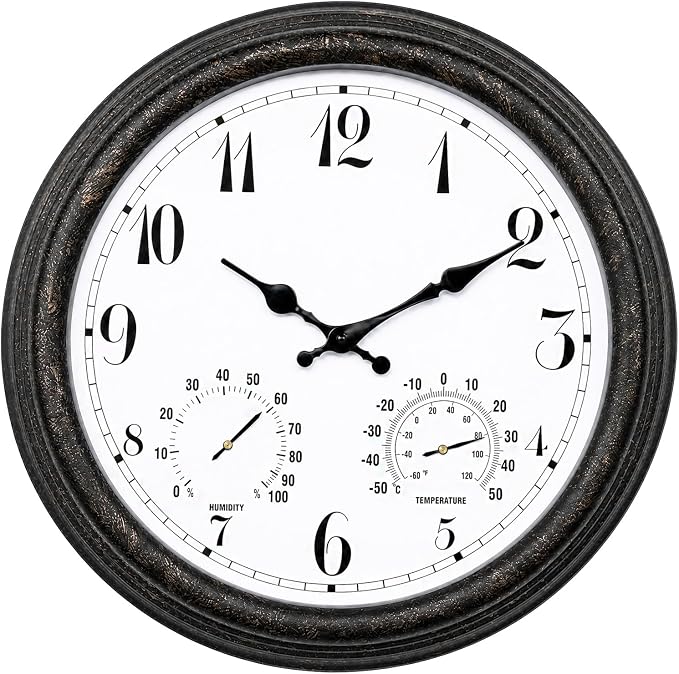 Outdoor Waterproof Wall Clock with Thermometer and Hygrometer Combo, 15 in Retro Battery Operated Garden Clocks for Indoor and Outside Patio Deck Pool -Not Silent (Black)